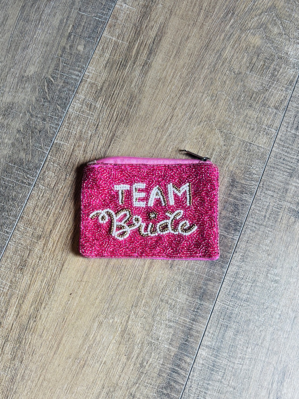 Team Bride Pink Beaded Pouch with White Lettering and Gold Accents